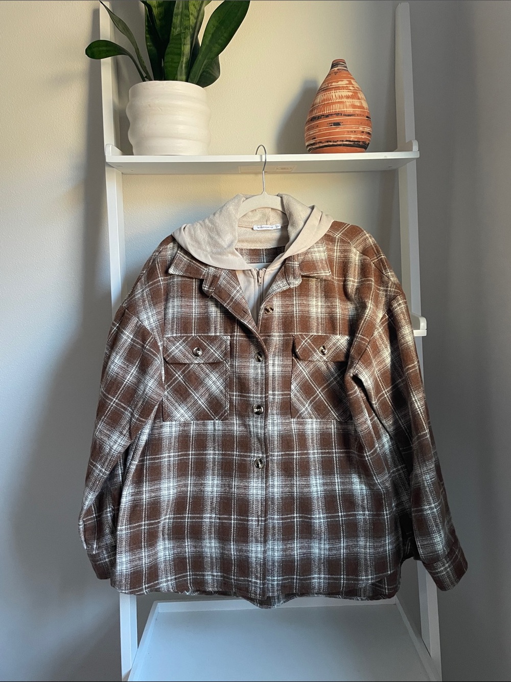 Staccato Brown & White Plaid  Hooded Shacket